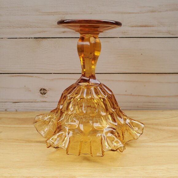 Vintage Fenton Amber Thumbprint Glass Compote Dish With Ruffled Edges 1960s MCM - Picture 2 of 8